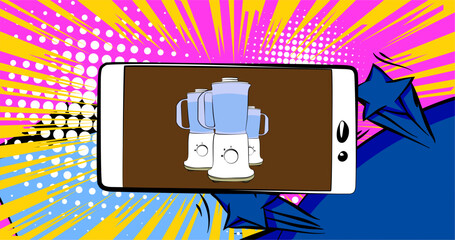 Cartoon Smartphone, comic book Telephone with Food Blender. Retro vector comics pop art design.