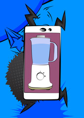 Cartoon Smartphone, comic book Telephone with Food Blender. Retro vector comics pop art design.