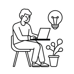 Freelancer brainstorming business ideas while sitting at desk creativity concept vector line art on white background