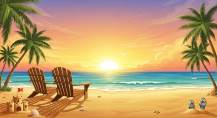 Two wooden deck chairs on a sandy beach with palm trees, a sandcastle, and a colorful sunset.