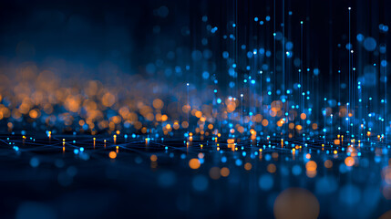 Abstract technology background, data flow, network connection concept. Digital technology grid, glowing lights on dark blue. Server, computer engineering, data science and storage.  Stock Illustration