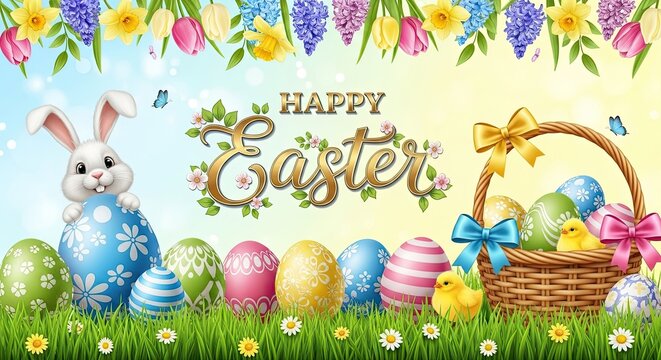 A colorful Easter egg basket with a white bunny and colorful eggs on a grassy lawn with flowers and butterflies. - Powered by Adobe
