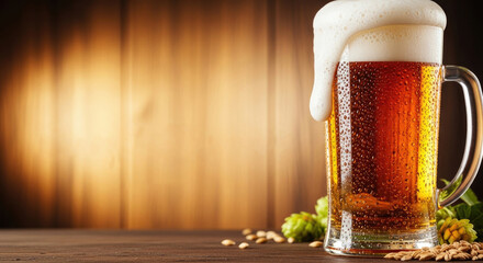 A mug of beer with a frothy head on a wooden table.