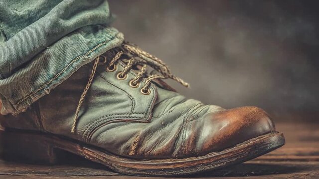 Close up of a worn, weathered leather boot and denim jeans on a wooden surface.
