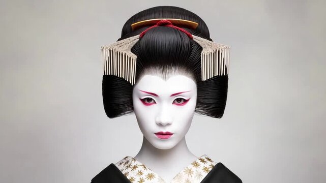 Elegant Japanese Geisha with Traditional Makeup and Hairstyle Posing Gracefully.