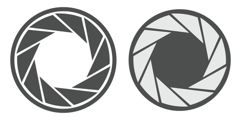 Camera lens icon set. Camera objective, lens aperture, diaphragm and camera shutter lens for animated film video objective opening and zoom snap. Vector illustration.