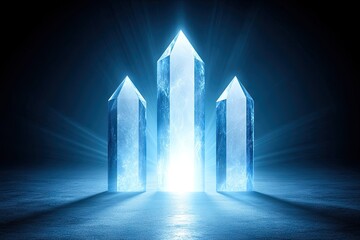 Three luminous, ice-like crystal pillars on a dark surface, bathed in a bright blue light