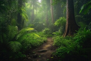 Lush jungle path in a misty forest