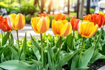 Vibrant orange and yellow tulips in a garden bed