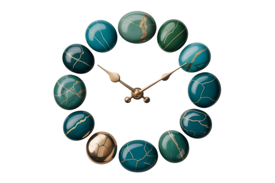 Oval gemstones arranged as a clock face with golden hands on black background