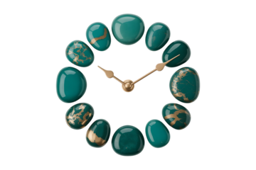 Oval shaped clock face made of polished green gemstones on a black background