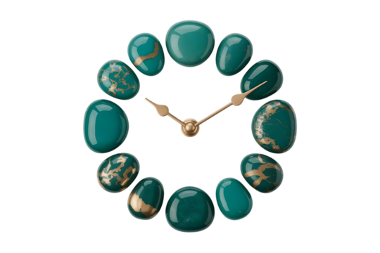 Oval shaped clock face made of polished green gemstones on a black background