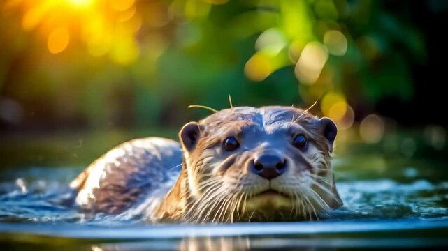 Adorable Wild River Otter Swimming in Golden Sunlight.