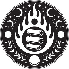 Mystic emblem with celestial fire, starry night, and ancient scrolls for magical designs and spiritual themes