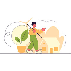 Person Walking Holding Wind Turbine Propeller Near Light Bulb Plant and House Environment Concept Renewable Energy Ecology Technology