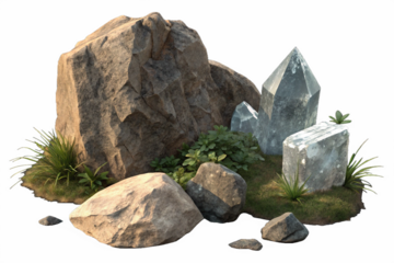 Blue summer sky over natural river landscape with textured rocks and stones in the water