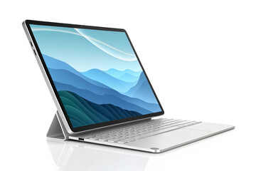 Open black laptop screen displaying internet data on a silver desktop, symbolizing mobile business communication in the snow and sky