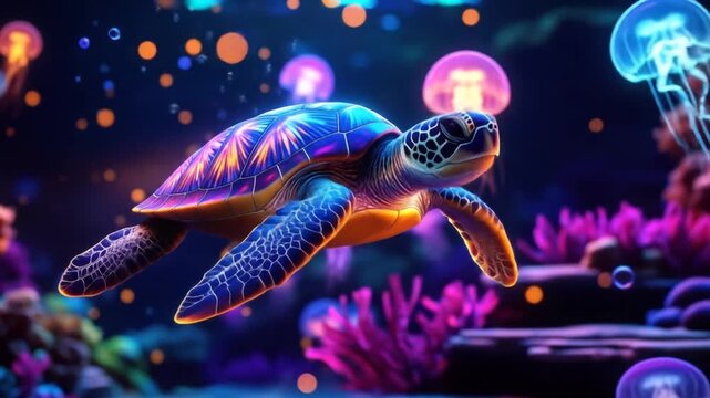 Vibrant underwater scene featuring a sea turtle and jellyfish