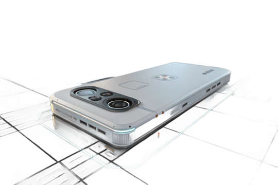 An old audio cassette tape isolated on white juxtaposed with a modern cell phone for communication and technology