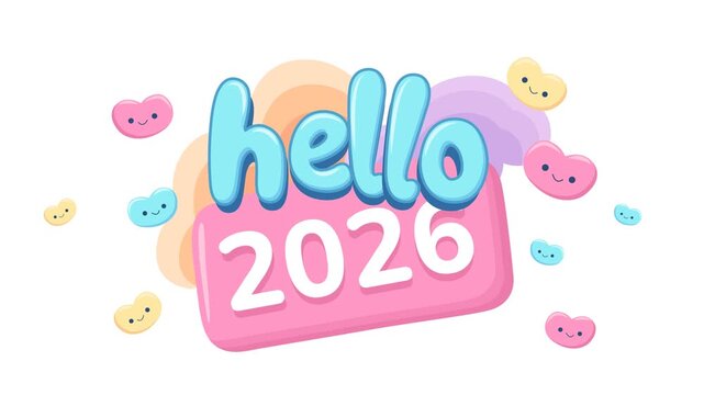 New years 2026 celebration with smiling hearts on white. Perfect for new years greeting cards, social media posts, and websites.
