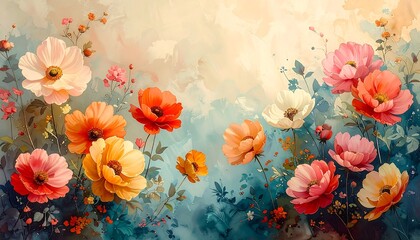 Artistic watercolor painting of vibrant, colorful flowers against a soft, airy backdrop