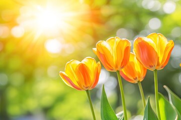 Sunny orange tulips in spring