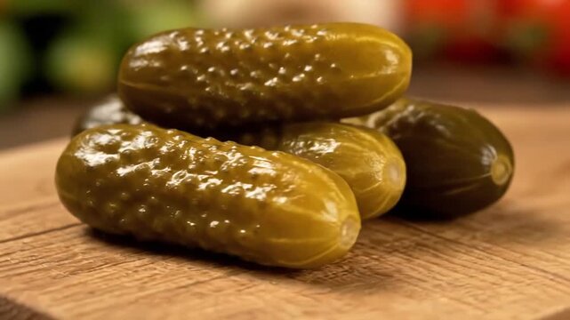 A Pile of Small Pickled Gherkins on a Wooden Board.