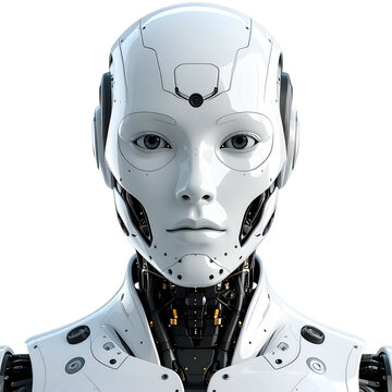 Detailed close-up portrait of a futuristic white humanoid robot with a serene face, representing artificial intelligence and advanced technology