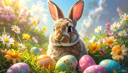 Close-up of an Easter bunny amidst colorful eggs and flowers in spring