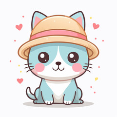 Adorable blue cat wearing a cute straw hat with pink ribbon surrounded by tiny hearts in a charming cartoon style.