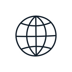 Simple Globe Icon Outlined in Dark Blue on a White Background Representing Global Connections and the Internet