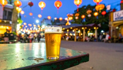 Vietnamese Lager Glass under Colorful Hanoi Lanterns