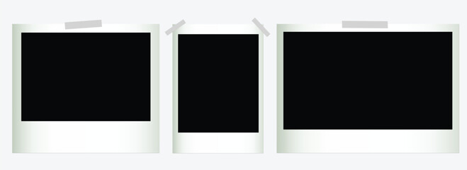 Set of vintage polaroid photo frames with black center and sticky tape isolated on transparent background for collage memory template retro scrapbook design or photography layout presentation.