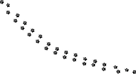 Animal paw print trail vector illustration in diagonal pattern, black pet footprint silhouette design for wildlife, dog, cat, and tracking symbol concepts