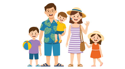 Family Beach Vacation Vector Illustration – Smiling Parents and Three Children – Summer Travel, Relaxation, and Holiday Adventure Concept