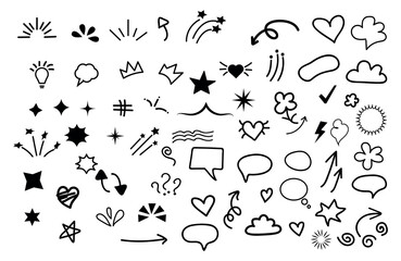 Naklejka premium Collection of hand drawn doodle elements featuring stars hearts clouds arrows and decorative accents for design