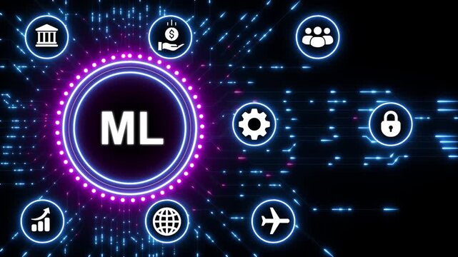 Machine Learning Concept with Digital Network and Icons on Black Background artificial intelligence