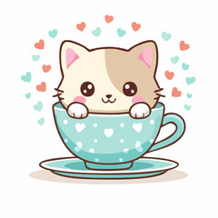 Adorable Kitten in Teacup Surrounded by Hearts.