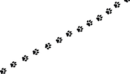Diagonal animal paw prints trail silhouette, pet footsteps path vector, dog or cat tracks symbol, wildlife footprint pattern, minimal clean design illustration