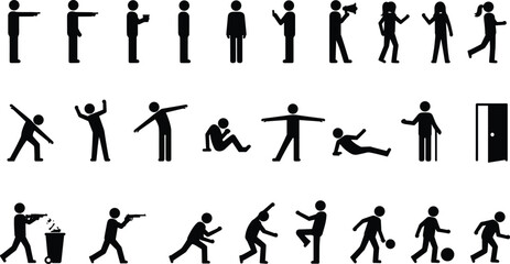 Fototapeta premium Human stick figure actions and activities illustration, people silhouette gestures, sport, dance, communication, daily routine, business, teamwork, fitness, vector icons set