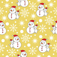 Snowman & Snowflake Golden Christmas Seamless Pattern