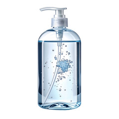 Clear plastic pump bottle with blue antiseptic gel and bubbles, isolated on a white background for hygiene concepts