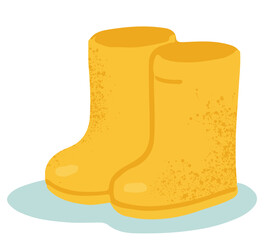 Cute textured illustration of yellow rain boots on a puddle. Flat graphic vector illustration isolated on white background. Cozy weather design.