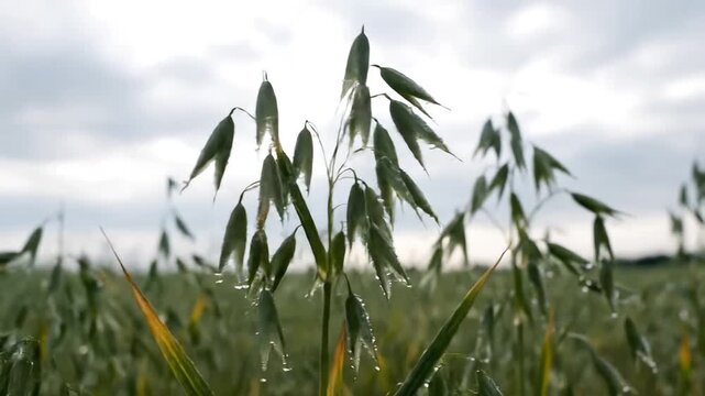 Close up of oat plants swaying gently in a field under a cloudy sky.