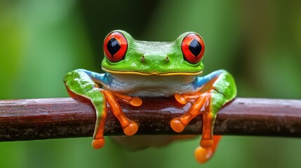 Fototapeta premium Vibrant Green Frog with Red Eyes perched on a Thin Branch