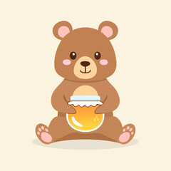 Cute Brown Bear with Honey Pot Illustration.