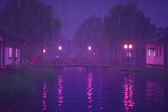 Misty, purple-lit village by a canal under rain