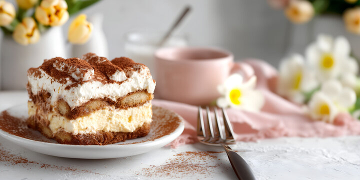Creative food concept. Plate of classic italian Tiramisu dessert pastry with mascarpone cream and cocoa powder on bright cheery morning with flowers tulips daisy background. copy text space