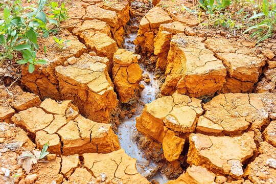 Arid cracked earth holds shallow water, scant green foliage