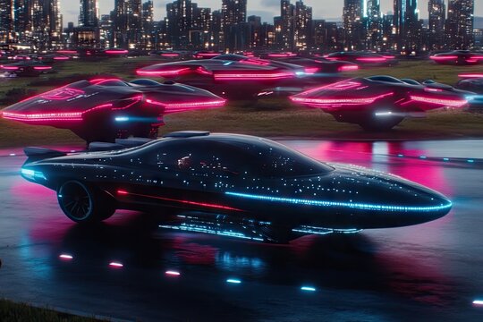 Futuristic vehicles on a city tarmac. Neon-lit, sleek cars and ships in a vibrant cityscape
